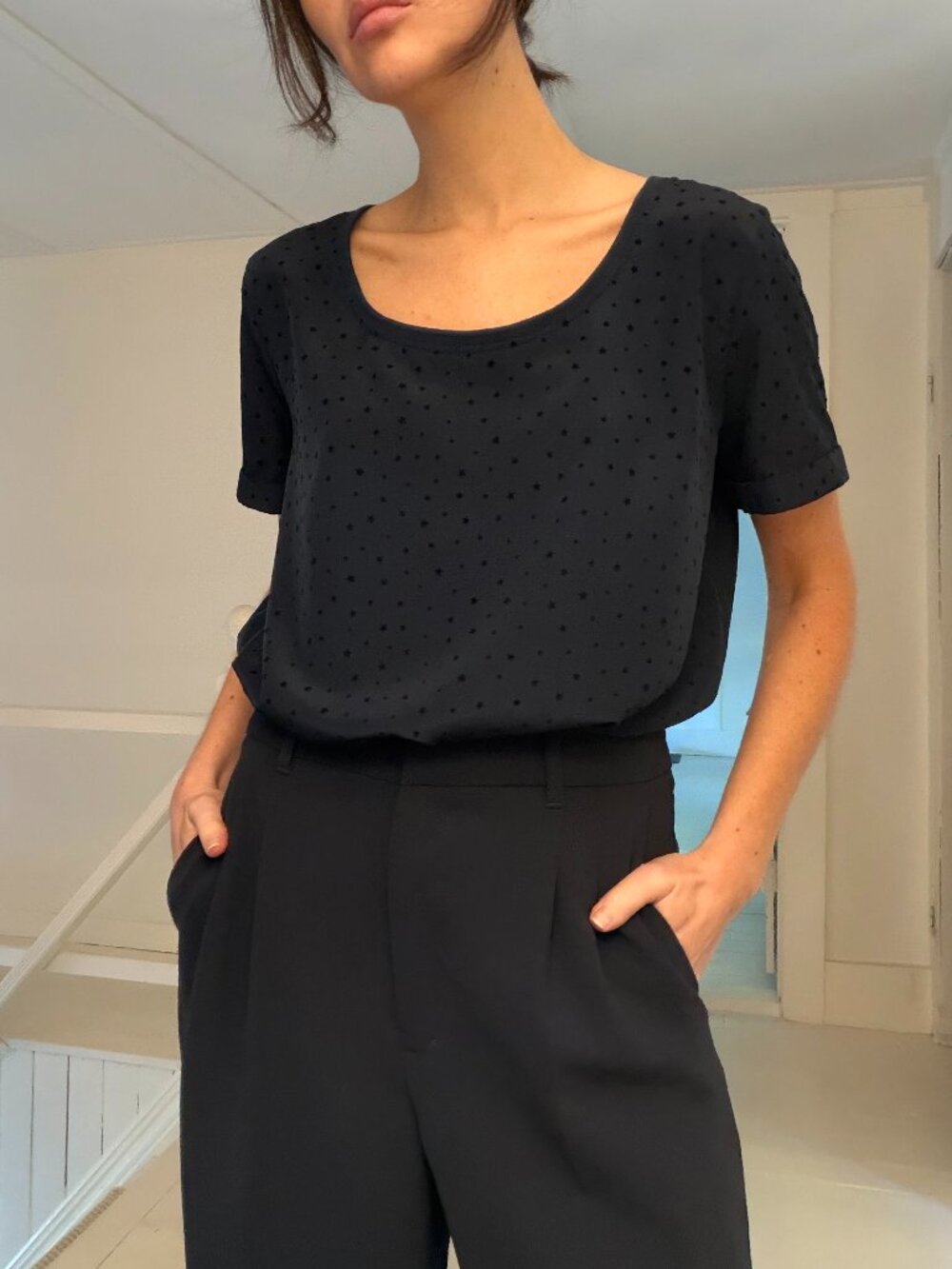 Maison Scotch Swiss Dot Star Print Short Sleeve Top Size 2 Navy